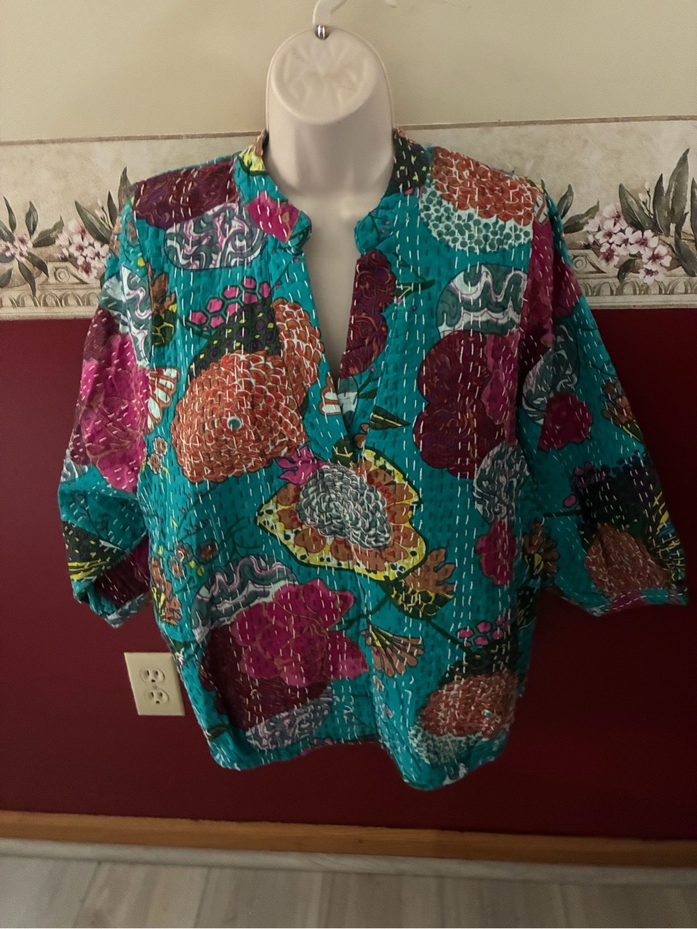 Bohemian Patchwork Floral Tunic Top - Teal Multi